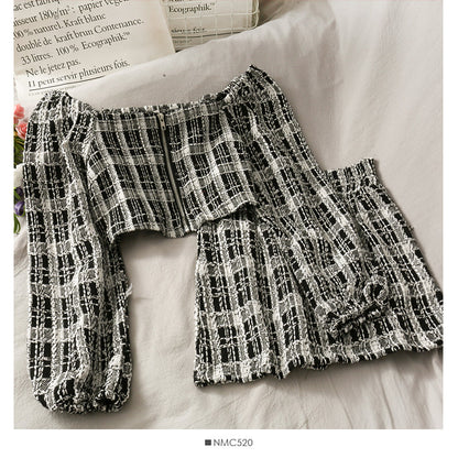 Short open navel bubble long sleeve top Plaid high waist skirt  2518