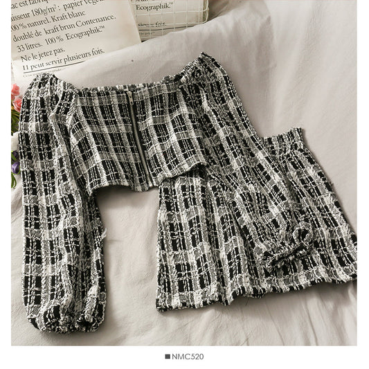 Short open navel bubble long sleeve top Plaid high waist skirt  2518