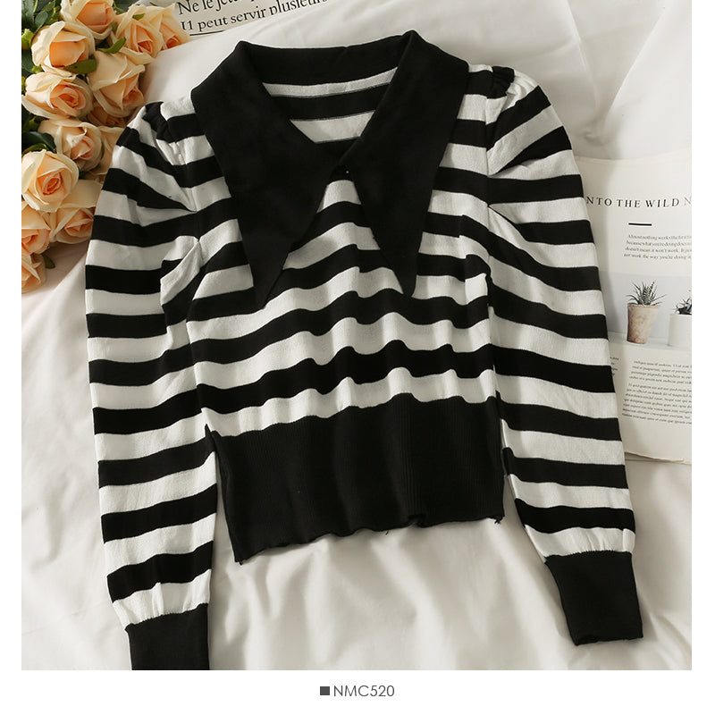 Niche short versatile stripe slim Lapel T-shirt  1887