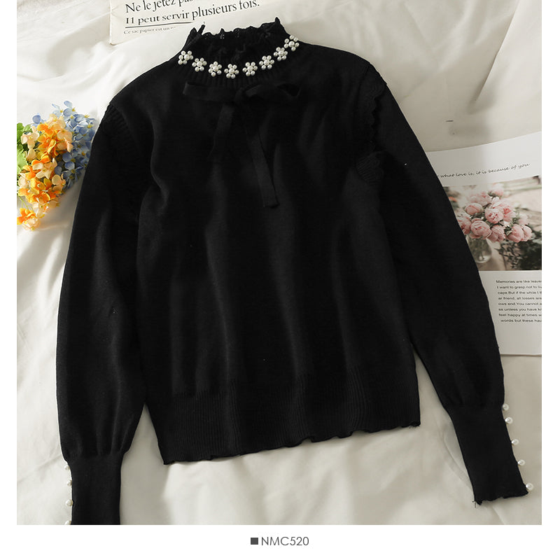 Sweet wind nail bead bow tie high neck Pullover Top  1822