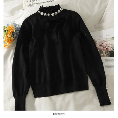 Sweet wind nail bead bow tie high neck Pullover Top  1822