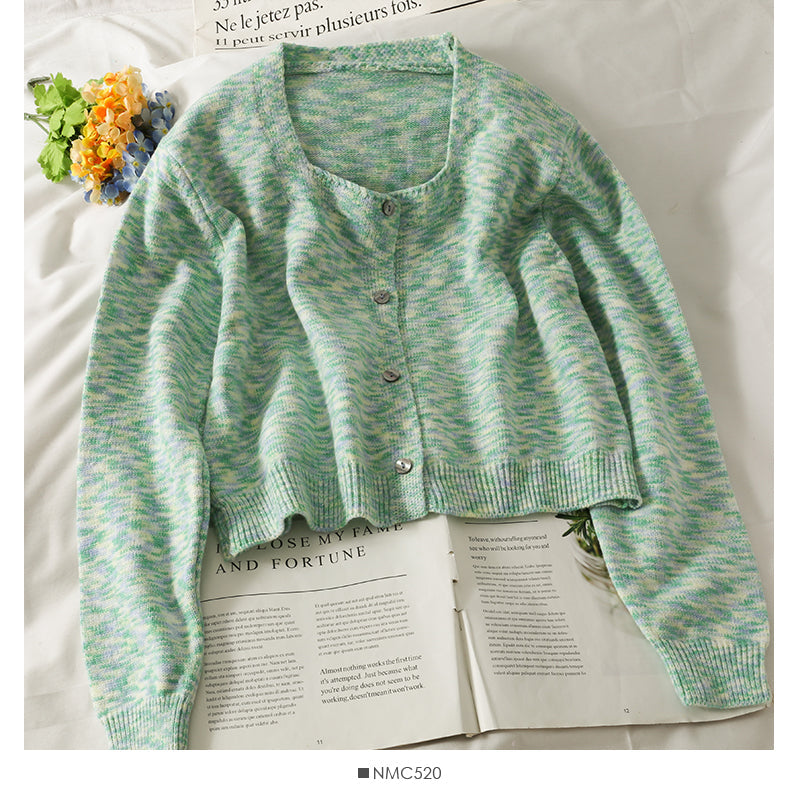 Elegant color striped square neck short slim sweater for women  1870