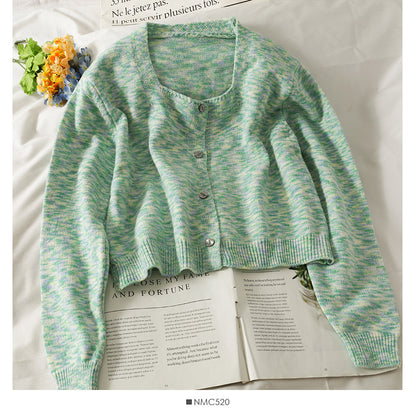 Elegant color striped square neck short slim sweater for women  1870