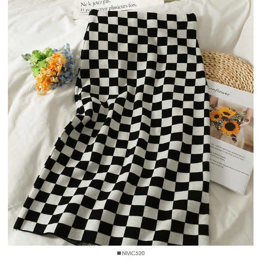 Korean Plaid elastic waist thin split knit one-step skirt  2526