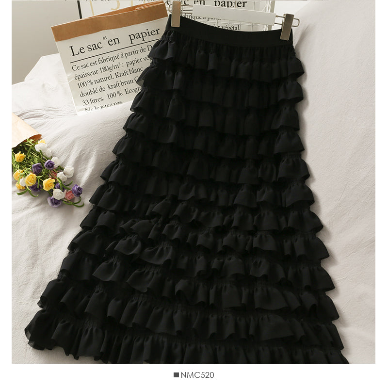 Ruffle edge super fairy medium long high waist cake skirt  2483