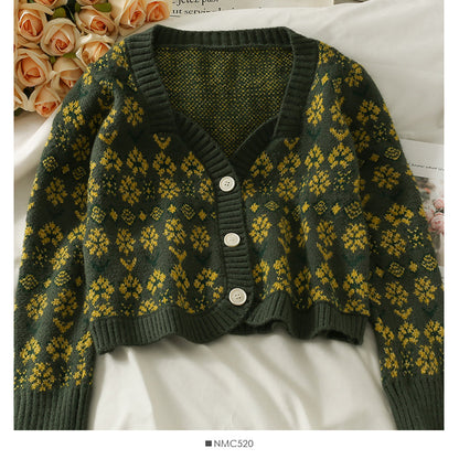 Sweater women's Vintage printed low neck single breasted cardigan top  1836