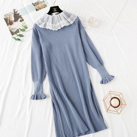 French retro net red two piece suit doll collar lace backed knitted dress  2465