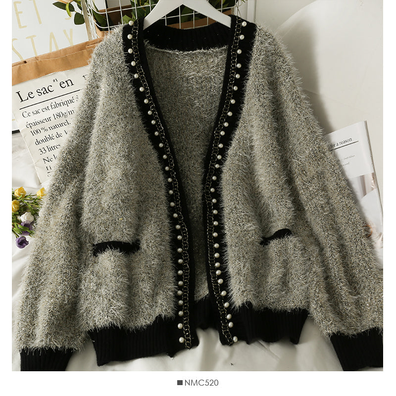 Hong Kong style retro nail bead medium long cardigan loose Long Sleeve Jacket Women  2042