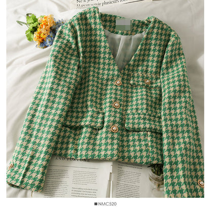 Korean retro three button short thousand bird lattice small suit for women  2087