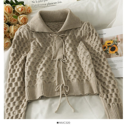 Korean bow tie tie short slim long sleeve sweater women  1888