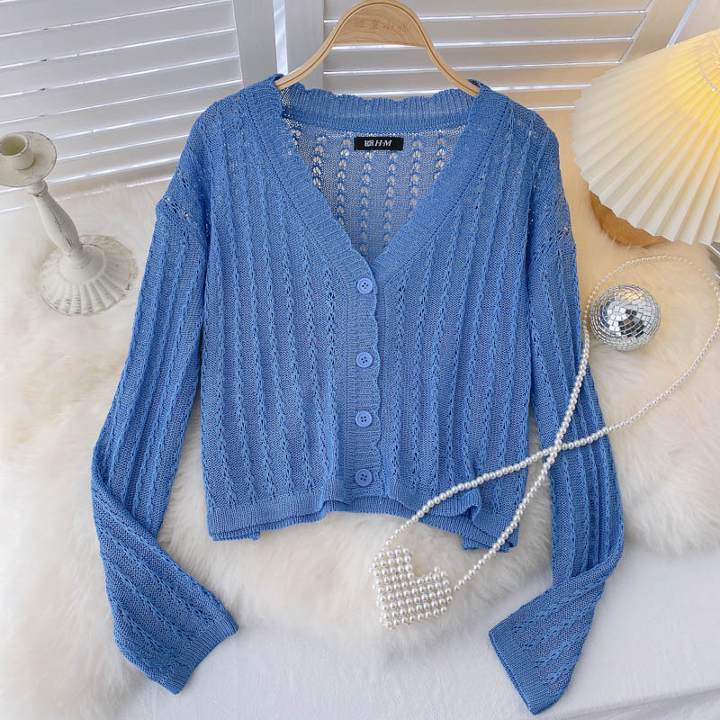 Knitted cardigan thin hook flower hollow out long sleeve  1583
