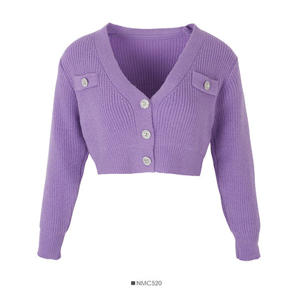 Small and versatile three button V-Neck long sleeved sweater coat  1733