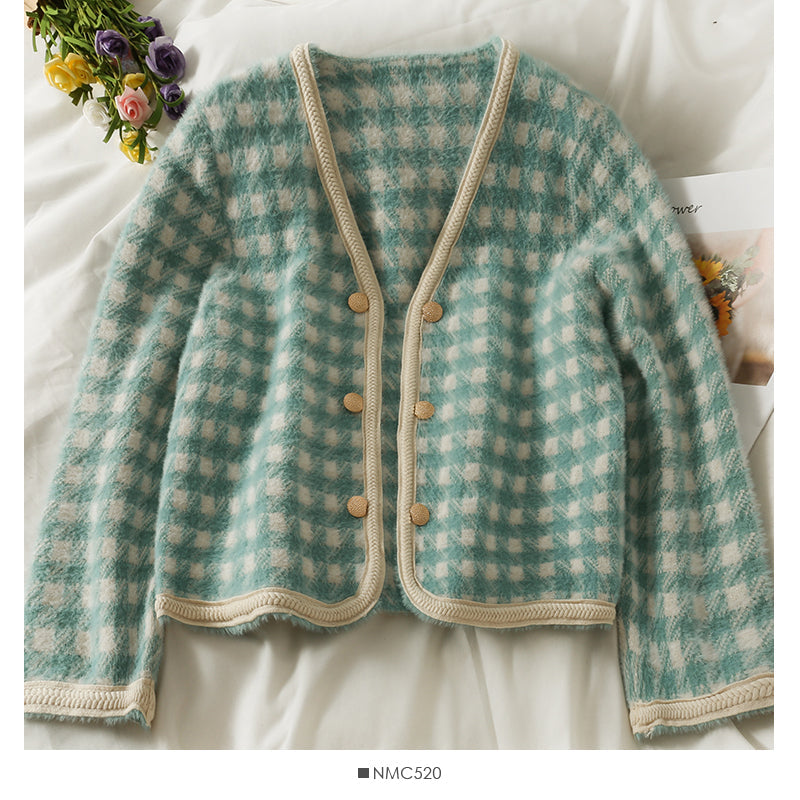 Hong Kong Vintage Plaid double breasted cardigan thickened sweater female  1943