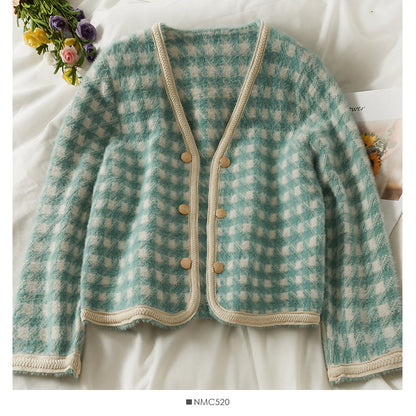 Hong Kong Vintage Plaid double breasted cardigan thickened sweater female  1943