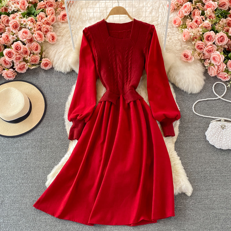 Fake two piece long sleeve knitted stitched corduroy A-line dress  3365
