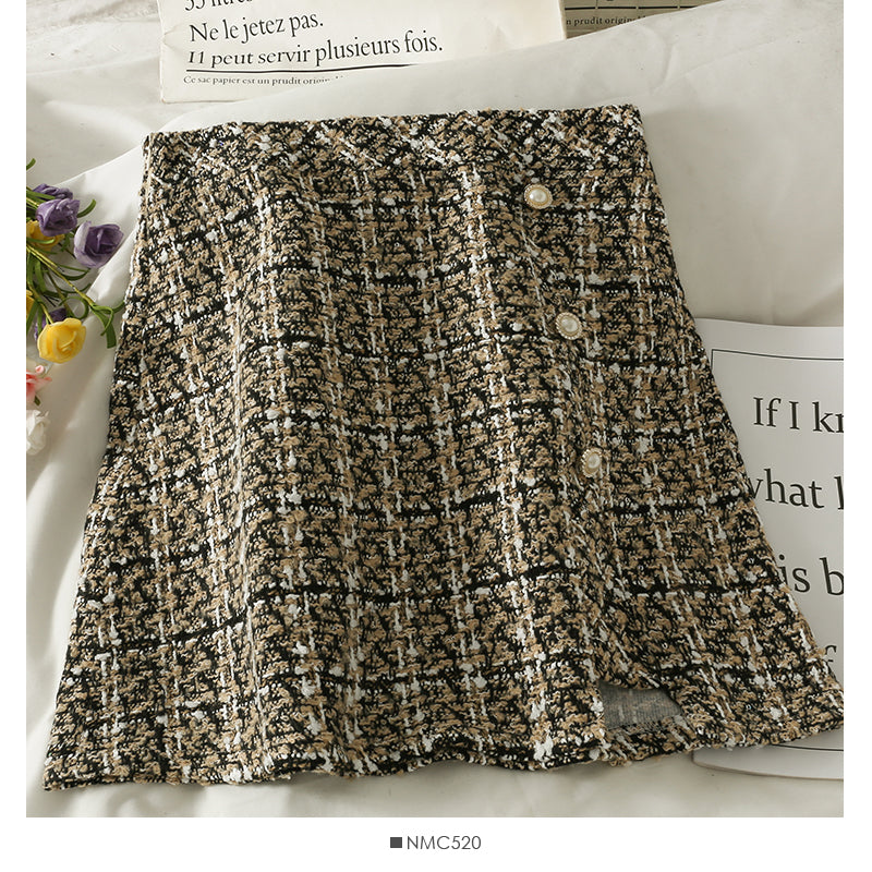 Korean high waist slim single breasted Plaid A-shaped short skirt for women  2556