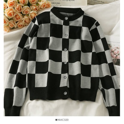 Color contrast check Crew Neck Long Sleeve loose sweater women's new single breasted cardigan sweater  1967