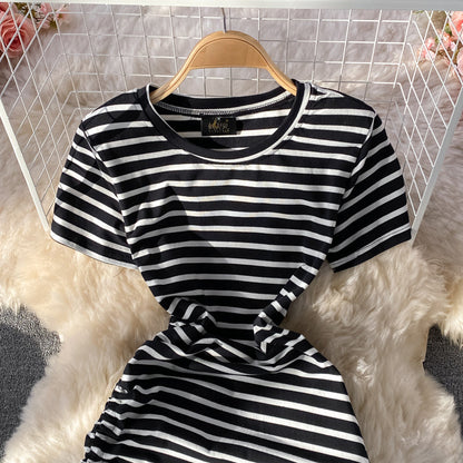 Slim fit waist closing casual side drawcord knee slit stripe dress  1686