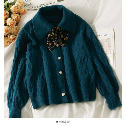 Sweater female autumn dress broken flower BOW TIE LAPEL  1792