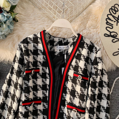 Small fragrant clothes contrast color thousand bird lattice short suit coat  1638