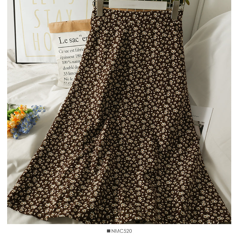 Hong Kong style retro floral medium length high waist A-line skirt  2533