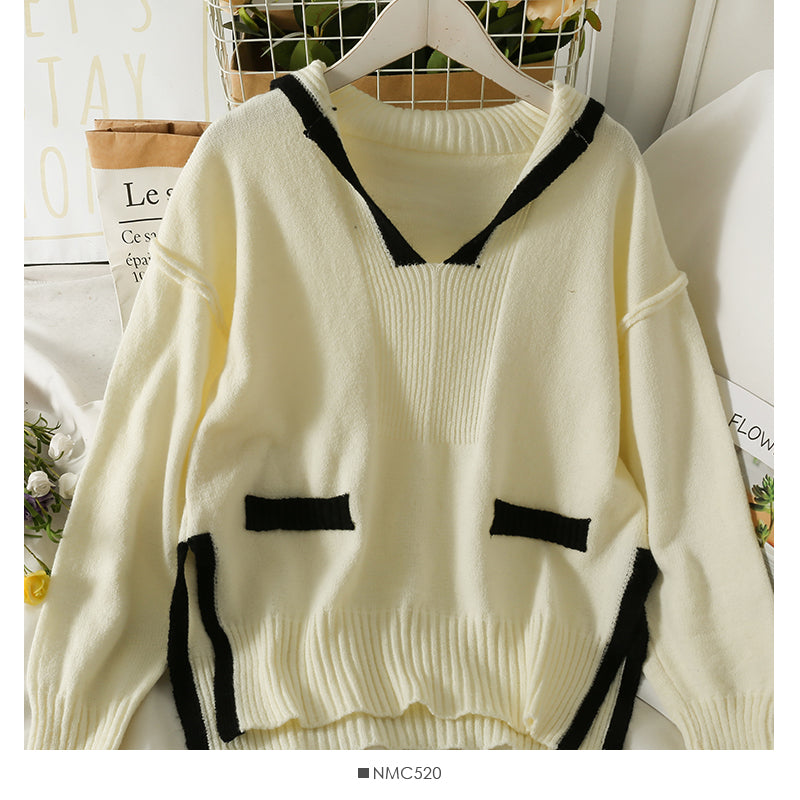 Korean color blocking stripe split loose thin V-Neck Sweater female  2000