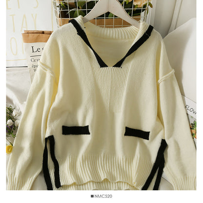 Korean color blocking stripe split loose thin V-Neck Sweater female  2000