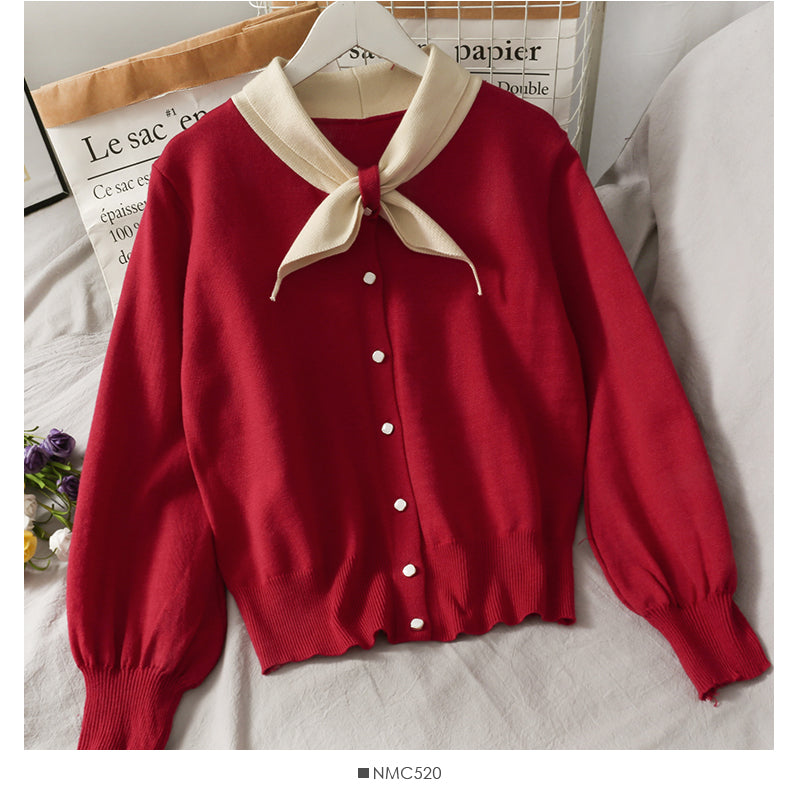 New color blocked bow single breasted loose knit  1937