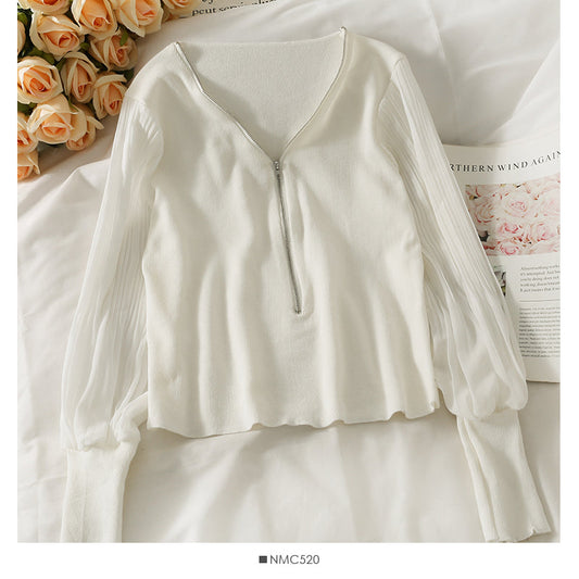 French niche low neck open collarbone zipper short T-shirt  1942