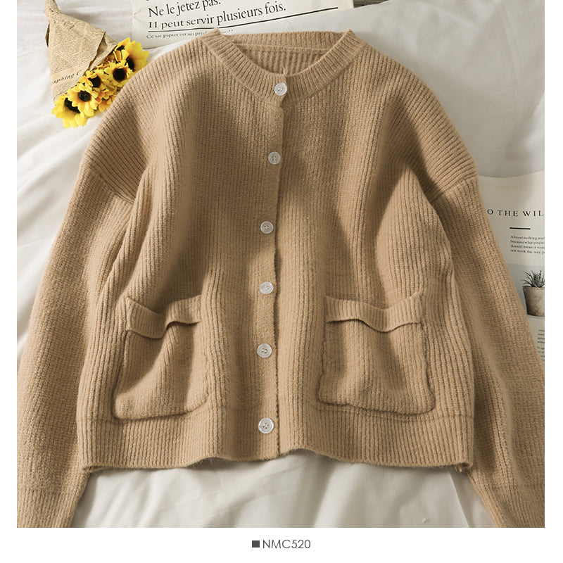 Large pocket round neck long sleeve cardigan sweater loose and thin breasted sweater  1978