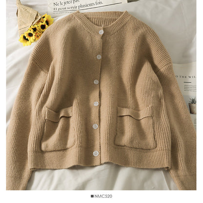 Large pocket round neck long sleeve cardigan sweater loose and thin breasted sweater  1978