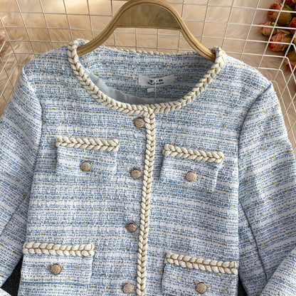 Temperament small fragrance bright silk woven single breasted long sleeved coat  1634