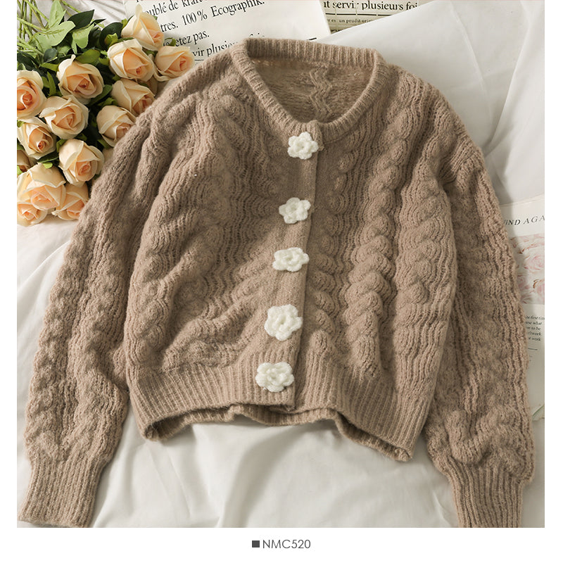 Sweet wind three-dimensional flower single breasted cardigan sweater female  1705