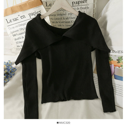 French minority design, one line shoulder with clavicle exposed, short long sleeve T-shirt  2083
