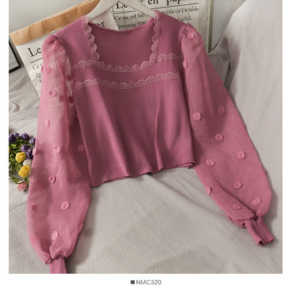 Small short square neck open collarbone wavy edge sweater  1936