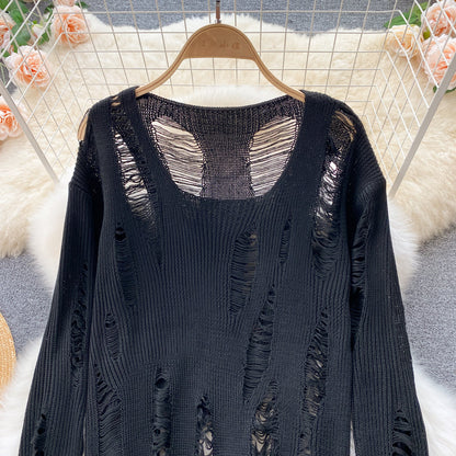 Wool sweater feminine V-neck hollow hole sweater  1594