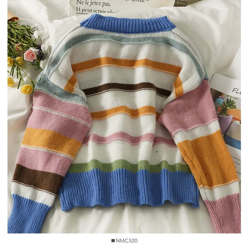 Elegant color stripe crew neck slim fit sweater  2002
