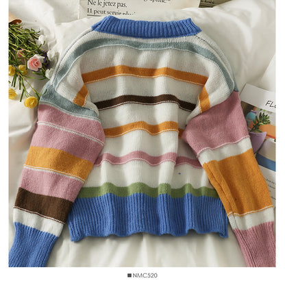 Elegant color stripe crew neck slim fit sweater  2002