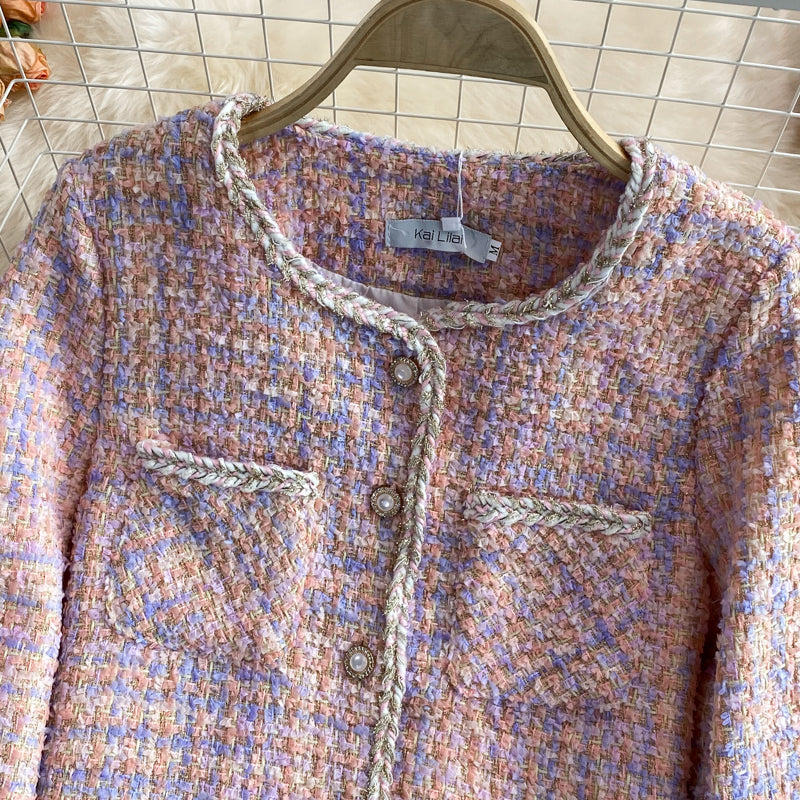 Tweed temperament top short pink coat female  1665