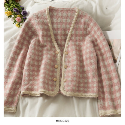 Hong Kong Vintage Plaid double breasted cardigan thickened sweater female  1943