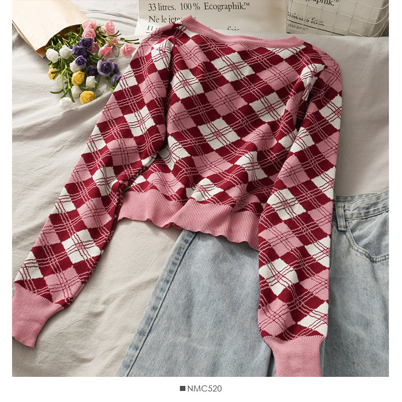 Hong Kong Vintage diamond check single breasted sweater top  1894