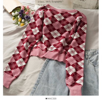 Hong Kong Vintage diamond check single breasted sweater top  1894