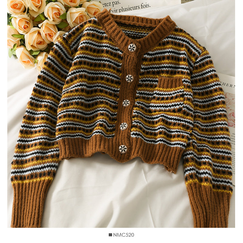 Vintage contrast stitched striped single breasted cardigan sweater  1869