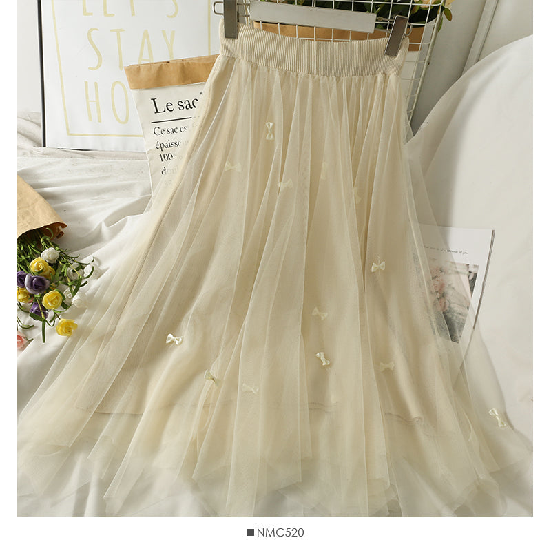 Three dimensional bow high waist medium length skirt  2564