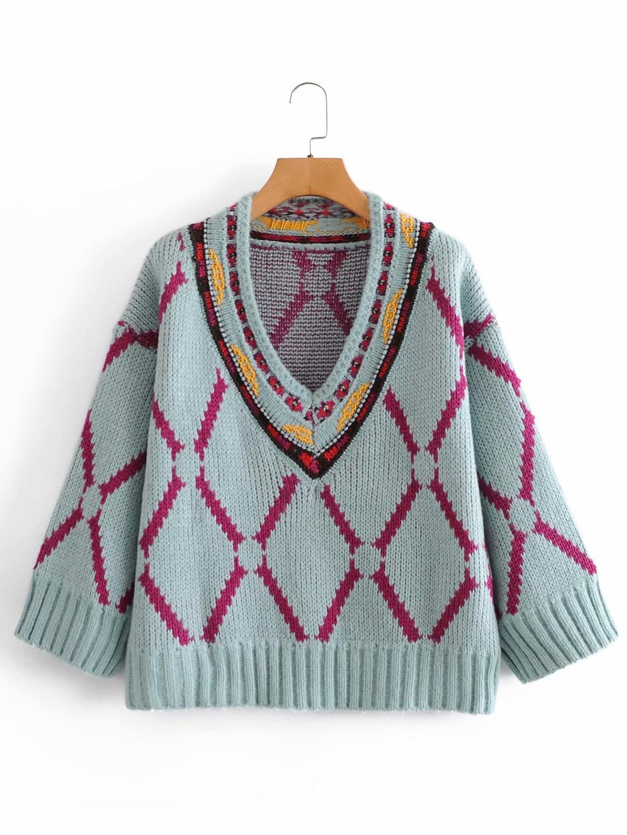 Embroidered pattern V-neck thickened ethnic style sweater loose-fitting sweater for women  1368