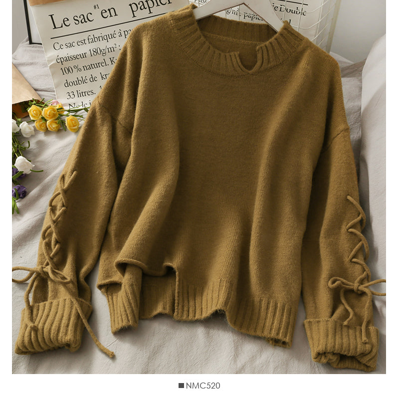 New drawstring lace up long sleeve loose Pullover Sweater  1709