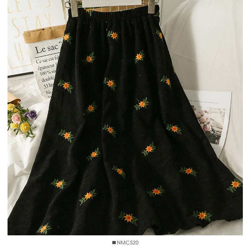 Retro embroidered elastic waist thin medium length A-line skirt  2516