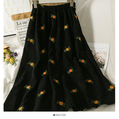 Retro embroidered elastic waist thin medium length A-line skirt  2516