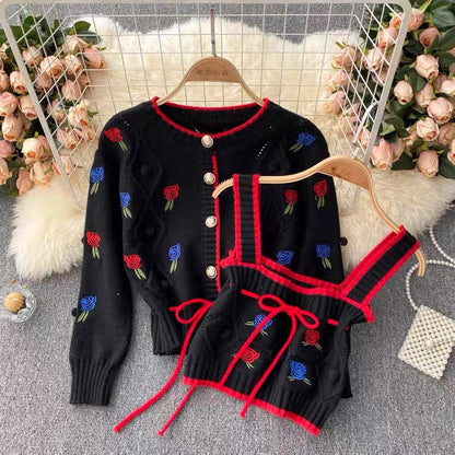 Knit cardigan, vintage, embroider flower, loose long sleeve sweater, short paragraph spaghetti strap top, sweet two sets 1339