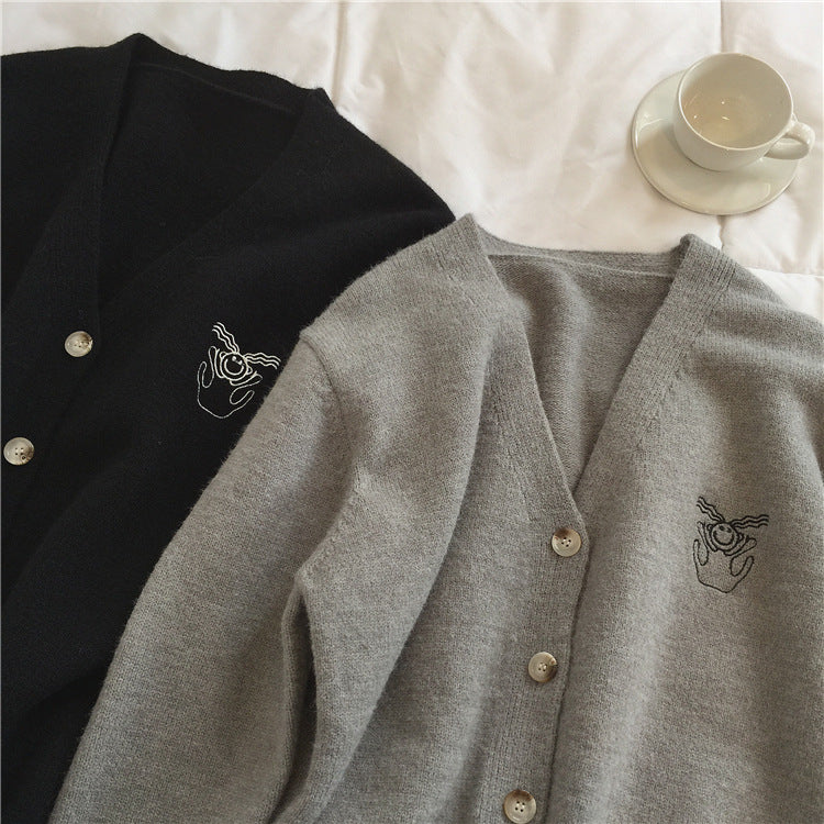 Lazy, little embroidery V-neck cardigans, loose design sweaters  1432